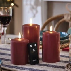 3 Bougies Pilliers TruGlow® Bordeaux à LED -Boutique De Noël CA20010RC 3 bougies pilliers truglow bordeaux a led avec telecommande