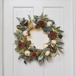 Lot Couronne Automnale Citrouilles Et Pommes De Pin De 50 Cm Et Micro LED