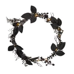 Couronne Pré-éclairée Feuillage Noir D’Halloween 5 Couronne Pré-éclairée Feuillage Noir D’Halloween -Boutique De Noël HA25013 1