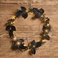 Lot De Couronne Et Guirlande Pré-éclairées D’Halloween Aux Feuillages Noirs -Boutique De Noël Ha25013 Couronne Pre eclaire Feuillage Noir d Halloween