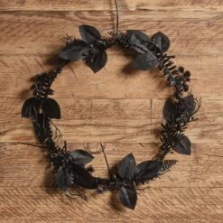 Lot De Couronne Et Guirlande Pré-éclairées D’Halloween Aux Feuillages Noirs -Boutique De Noël Ha25013 Couronne Pre eclaire Feuillage Noir d Halloween eteinte