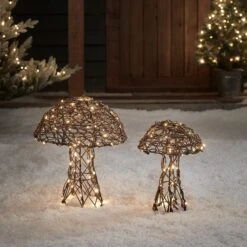 2 Champignons Lumineux En Rotin -Boutique De Noël LL21001 duo de champignons lumineux en rotin 2