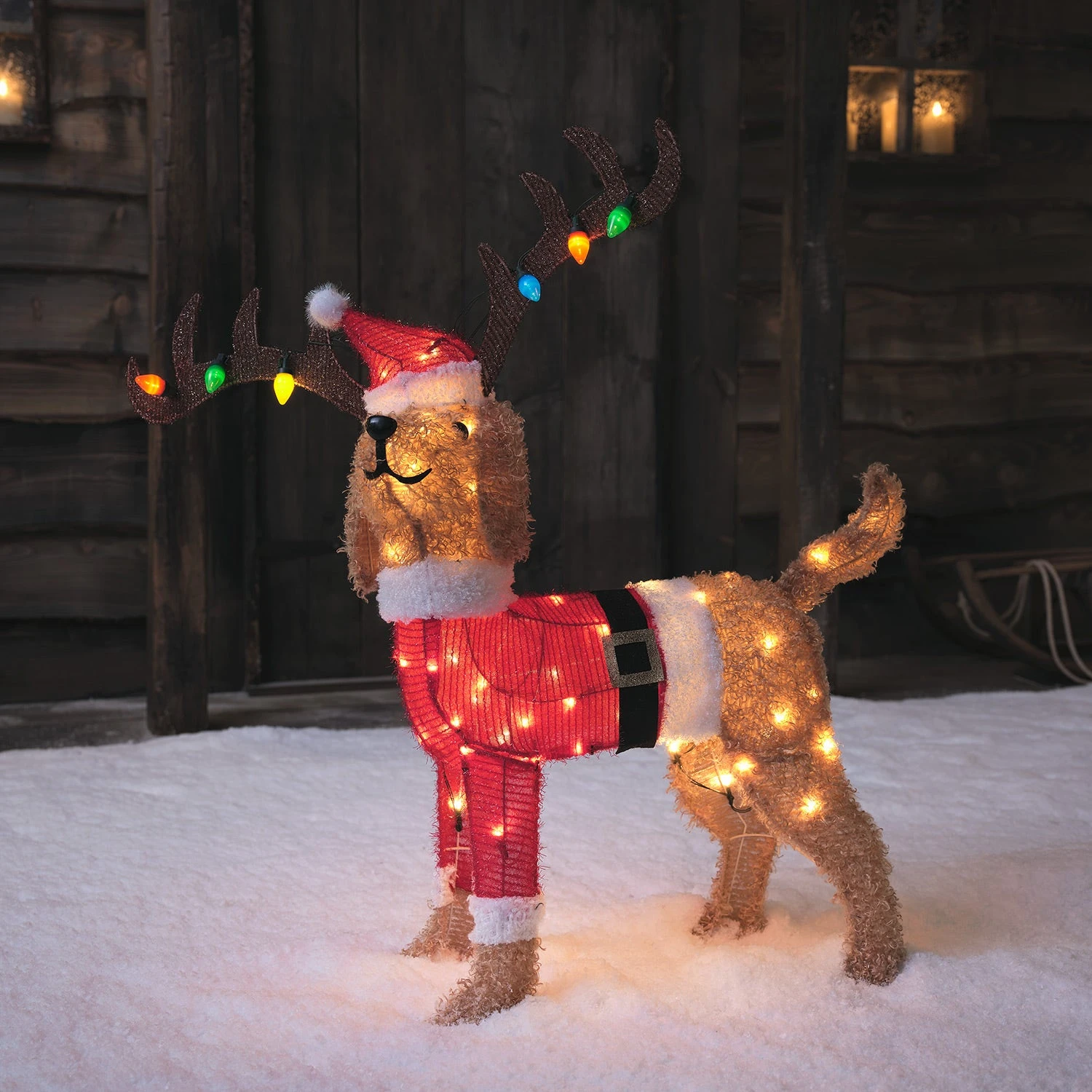 Chien Lumineux Avec Bois De Cerf à Guirlande Multicolore, Figurine De Noël De 80 Cm 1 Chien Lumineux Avec Bois De Cerf à Guirlande Multicolore, Figurine De Noël De 80 Cm