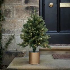 Sapin De Noël Extérieur Pré-éclairé De 75 Cm En Pot Doré