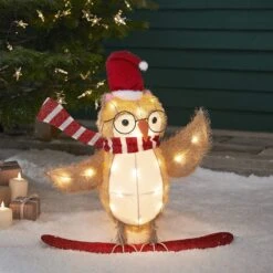Hibou Lumineux Sur Luge, Figurine De Noël à Piles
